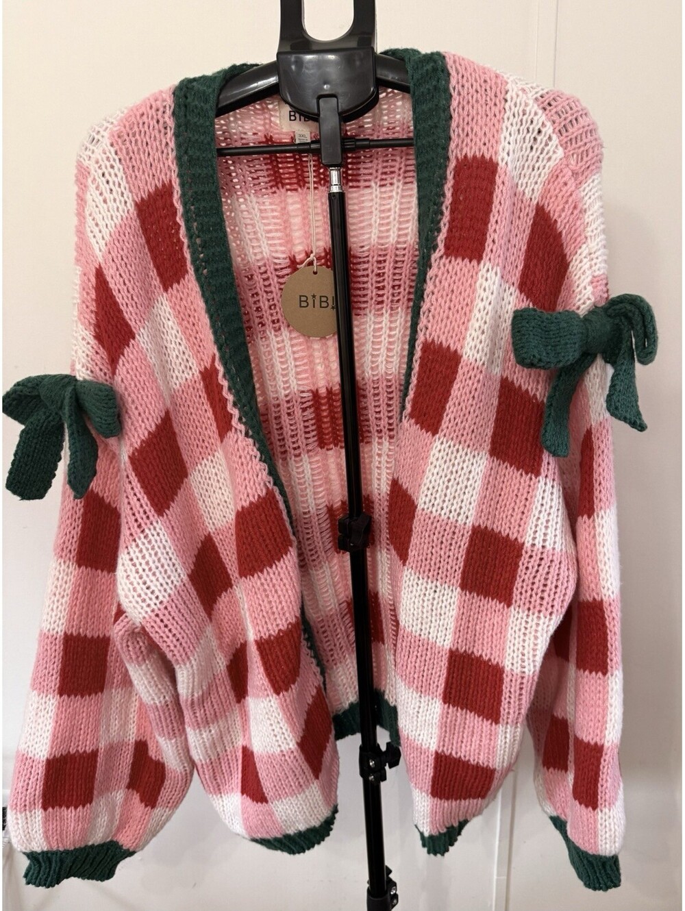 Bibi Plaid Bow Open Front Sweater Cable Knit Cardigan Pink Red Green Size 3XL